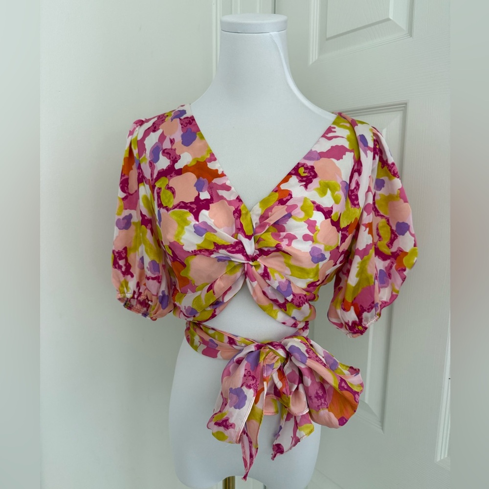 fab'rik Floral Pink and Green Wrap Blouse